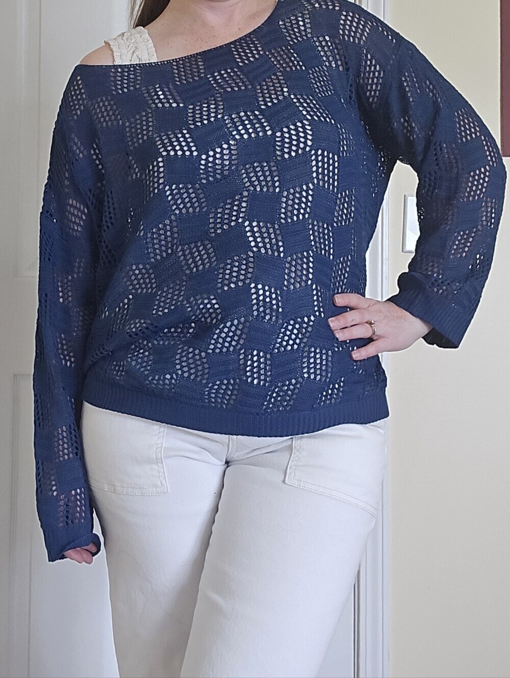 Cupshe Navy Blue Crochet Sweater Swim Coverup